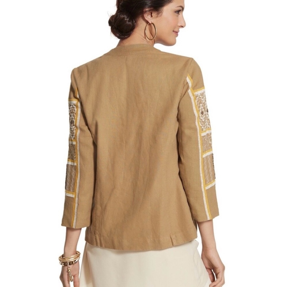 Chico’s Linen Aztec Embroidered Beaded Blazer Jacket 3/4 Sleeve Lagenlook XL - Picture 2 of 8